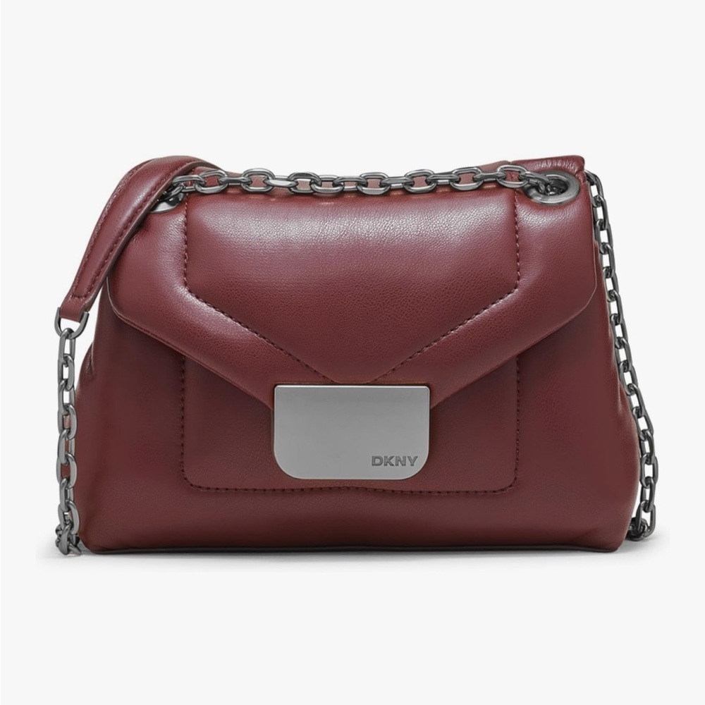 DKNY KAYA Mini Maroon/Plum Leather Shoulder Bag with Gunmetal Color Chain